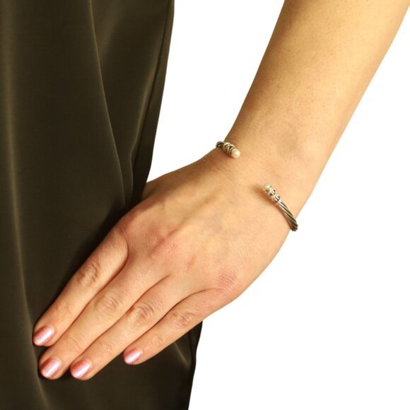 David Yurman Helena Diamond Pearl Cuff Bracelet 7" - Ster 925 Gold 18k .45ctw - Picture 2 of 6
